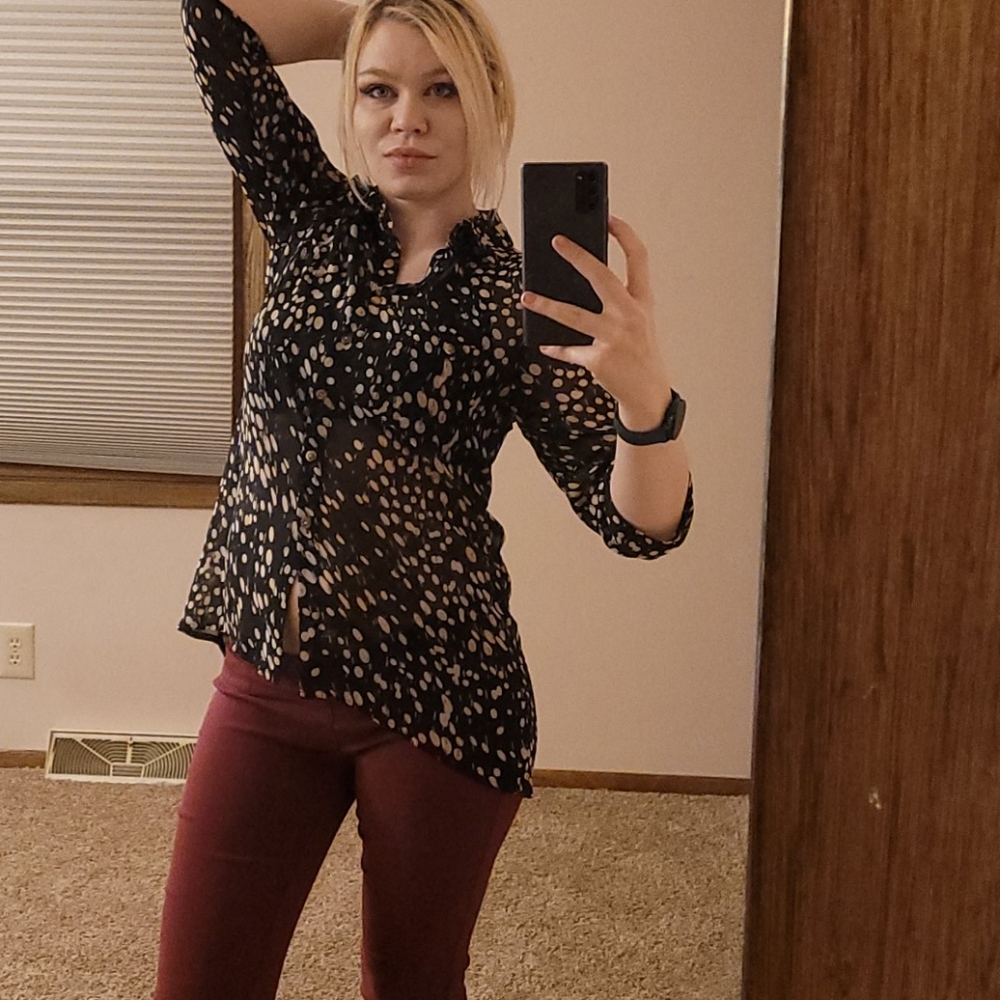 Polka-dot collared sheer button up top